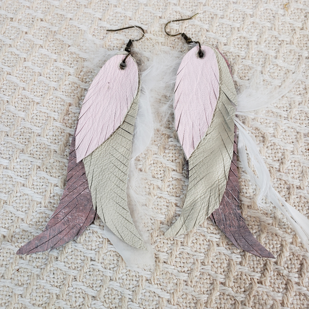 Leather Feather Dangle Blush Pink Earrings